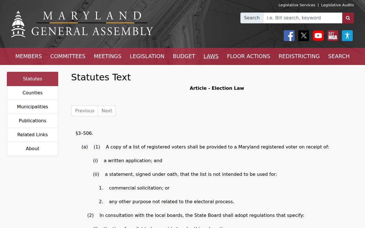 Severn voter records access statute in Maryland Election Law