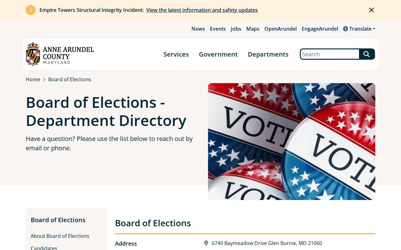 Anne Arundel elections contacts for Severn voter records