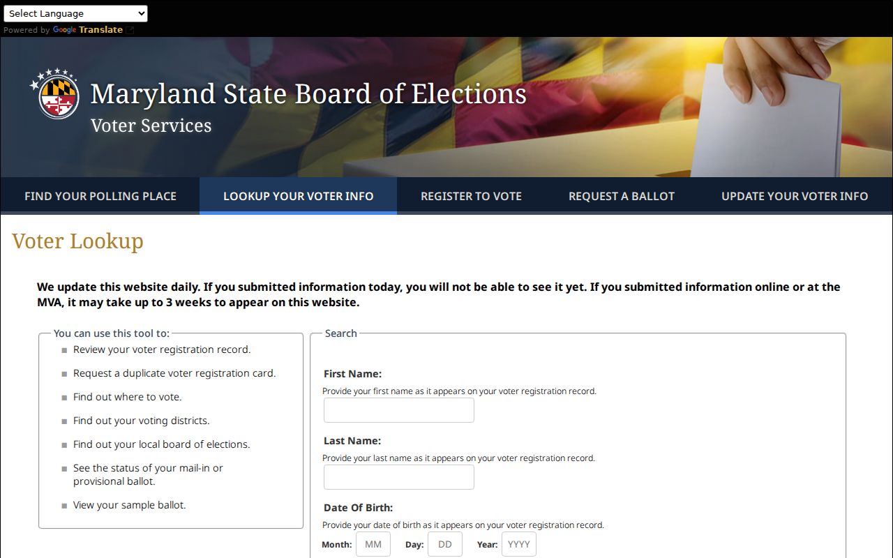 Severn voter records lookup fields in Maryland Voter Search